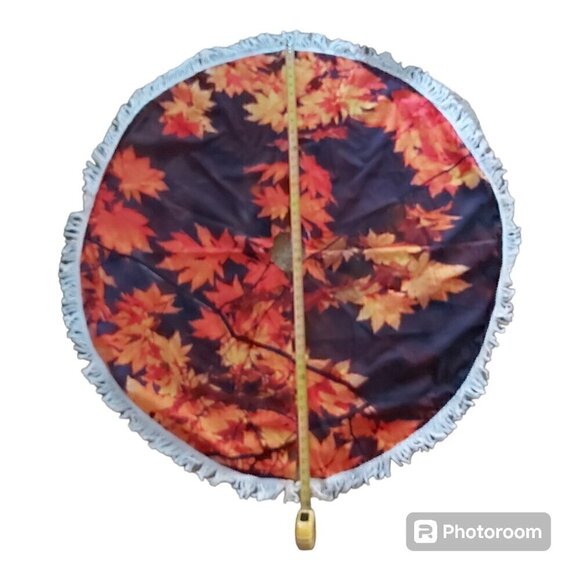 Fall-Inspired Christmas Tree Skirt: Red & Gold Leaves on Purple/Black Background - Picture 2 of 3